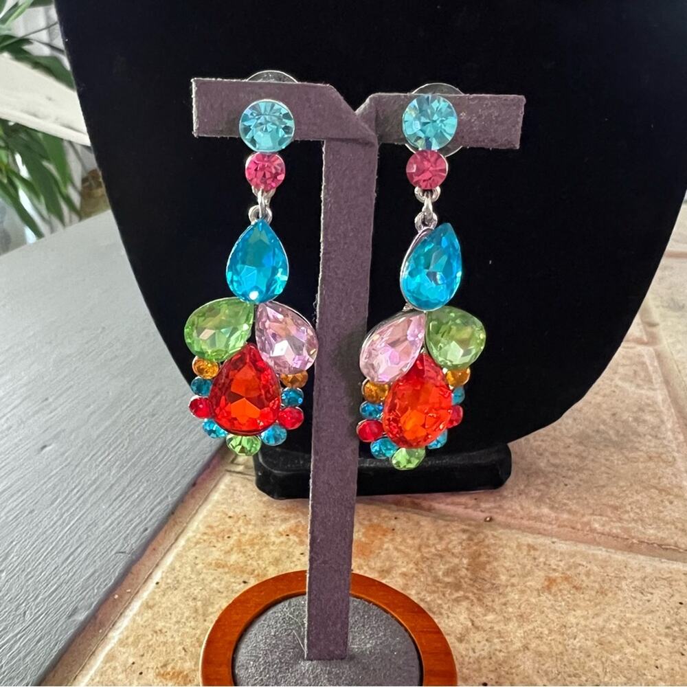 Silver Tone Colorful Bling Earrings - Picture 1 of 6